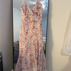 Express Asymmetrical Floral Dress in Pink and Cream